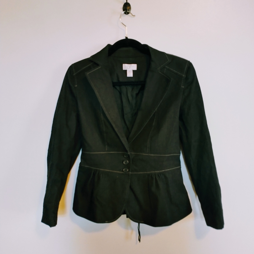 Loft dark grey blazer with lace up detail on the back. Size 4 with peplum and bu